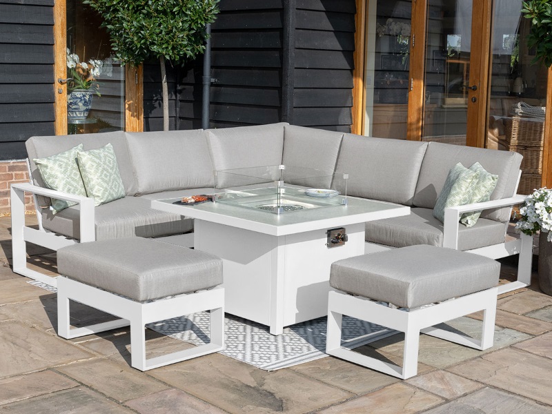 Maze Rattan Amalfi Small Corner Dining Set with Fire Pit Coffee Table Corner Sofa set at Gardenman