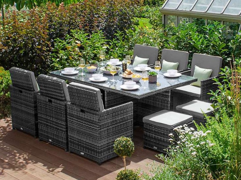 Nova Outdoor Living Celia 6 Seat Deluxe Cube Set with 4 Footstools - 1.9m x 1.25m Rectangular Table Grey Rattan Dining Set Image0 Image