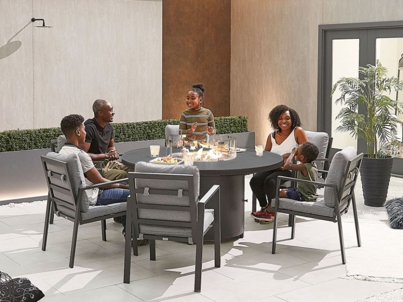 Nova Outdoor Living Enna Aluminium 6 Seat Round with Firepit Grey Dining Set Image 0
