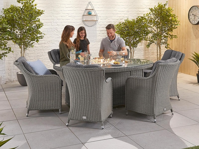 Nova Outdoor Living Heritage Camilla 6 Seat with Fire Pit - 1.8m x 1.2m Oval Table Whitewash Rattan Dining Set Image 0