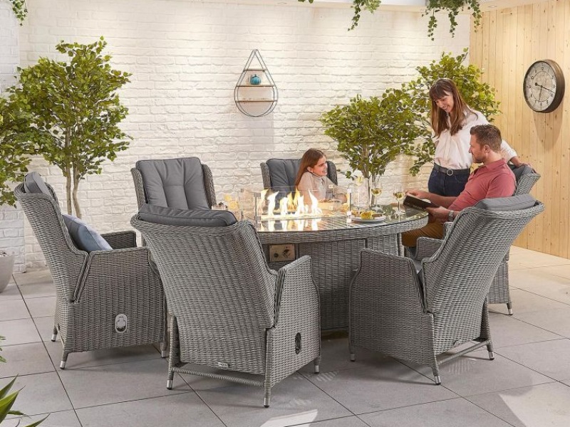Nova Outdoor Living Heritage Carolina 6 Seat with Fire Pit - 1.8m x 1.2m Oval Table  Whitewash Rattan Dining Set Image 0