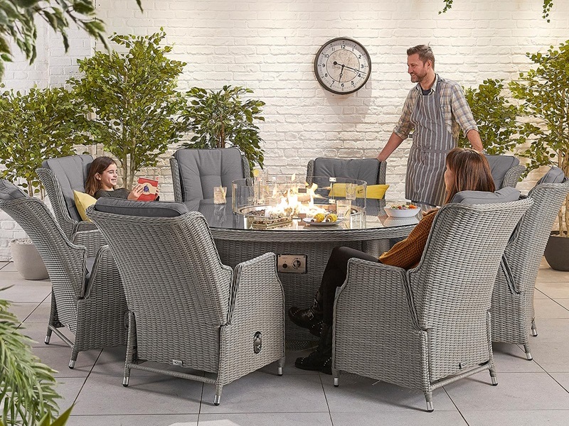 Nova Outdoor Living Heritage Carolina 8 Seat with Fire Pit - 1.8m Round Table Whitewash Rattan Dining Set Image 0