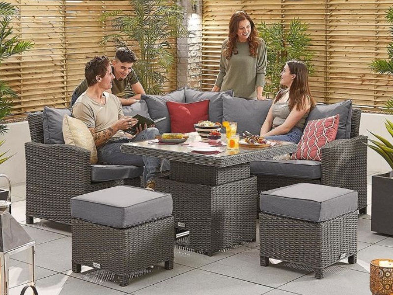 Nova Outdoor Living Heritage Ciara Compact Corner Dining Set with Rising Table  Slate Grey Rattan Corner Sofa set Image0 Image
