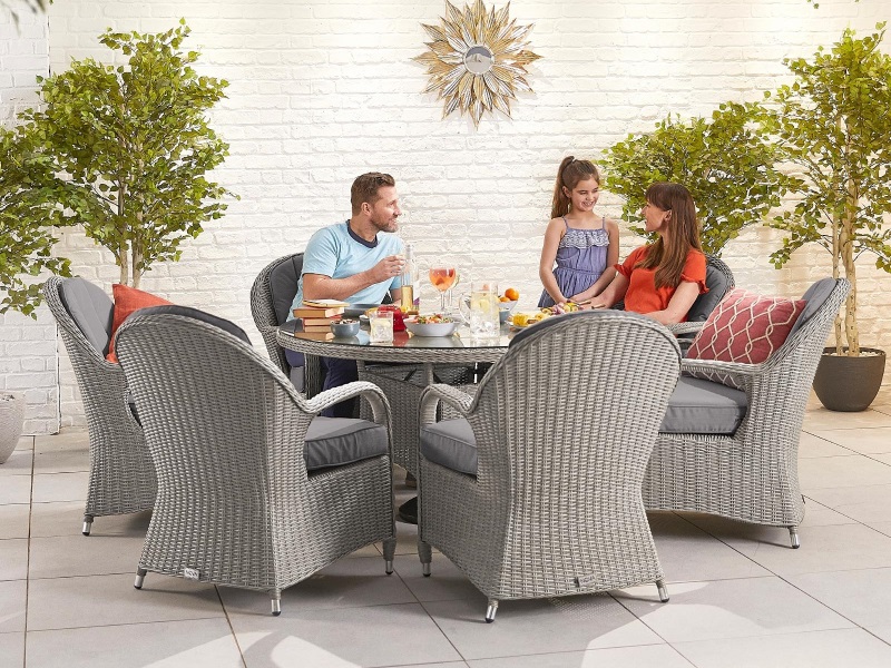 Nova Outdoor Living Leeanna 6 Seat Dining Set - 1.35m Round Table Whitewash Rattan Dining Set Image0 Image