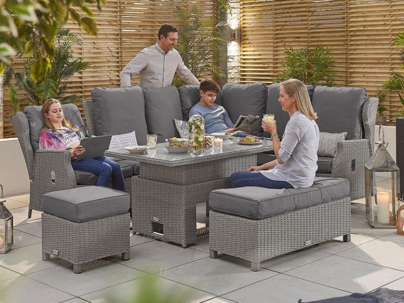 Nova Outdoor Living Skylar 2A Corner Dining Set with Rising Table Whitewash Rattan Corner Sofa set Image0 Image