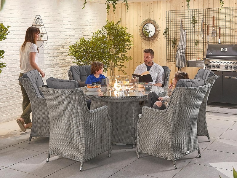 Nova Outdoor Living Thalia 6 Seat with Fire Pit - 1.5m Round Table Whitewash Rattan Dining Set Image 0