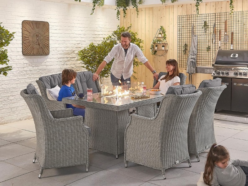 Nova Outdoor Living Thalia 6 Seat with Fire Pit - 1.5m x 1m Rectangular Table Whitewash Rattan Dining Set Image 0