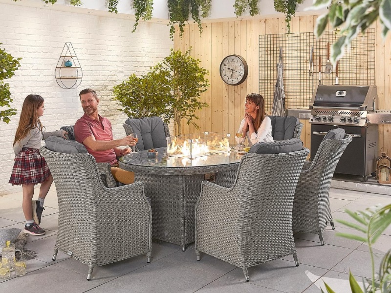 Nova Outdoor Living Thalia 6 Seat Dining Set with Fire Pit - 1.8m x 1.2m Oval Table Whitewash Rattan Dining Set Image0 Image