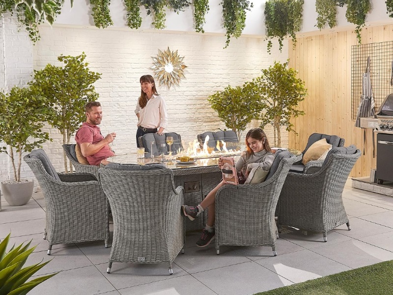 Nova Outdoor Living Thalia 8 Seat with Fire Pit - 2.3m x 1.2m Oval Table Whitewash Rattan Dining Set Image 0