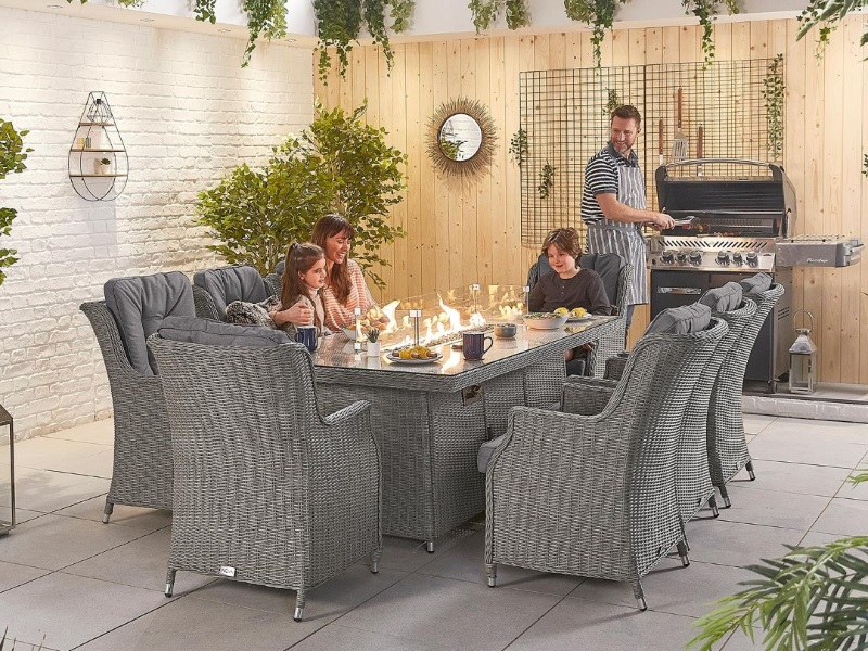 Nova Outdoor Living Thalia 8 Seat Dining Set with Fire Pit - 2m x 1m Rectangular Table Slate Grey Rattan Dining Set Image0 Image