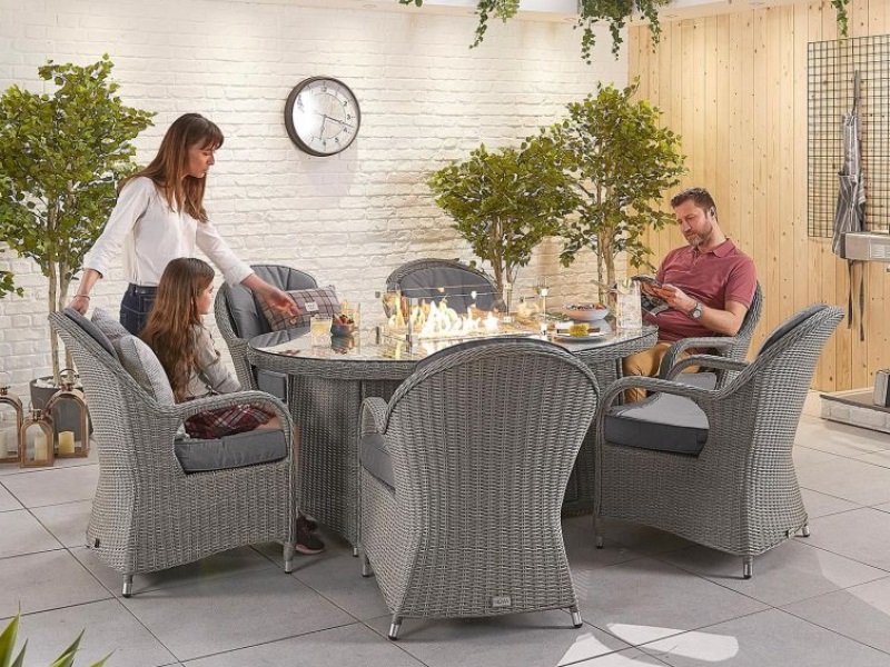 Nova Outdoor Living Leeanna 6 Seat with Fire Pit - 1.8m x 1.2m Oval Table Whitewash Rattan Dining Set Image 0