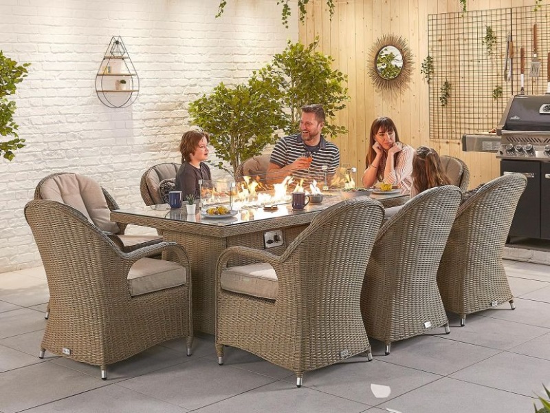 Nova Outdoor Living Leeanna 8 Seat Dining Set with Fire Pit - 2m x 1m Rectangular Table Willow Rattan Dining Set Image0 Image