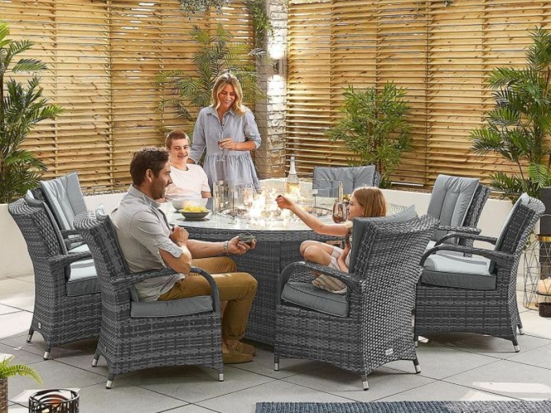 Nova Outdoor Living Olivia 8 Seat Dining Set With Fire Pit 1 8m Round Table At Mattressman - Round Garden Furniture With Fire Pit Tables Nova Outdoor Living Olivia 8 Seat Dining Set With Fire Pit 1 8m Round Table At Mattressman - Round Garden Furniture With Fire Pit Tables