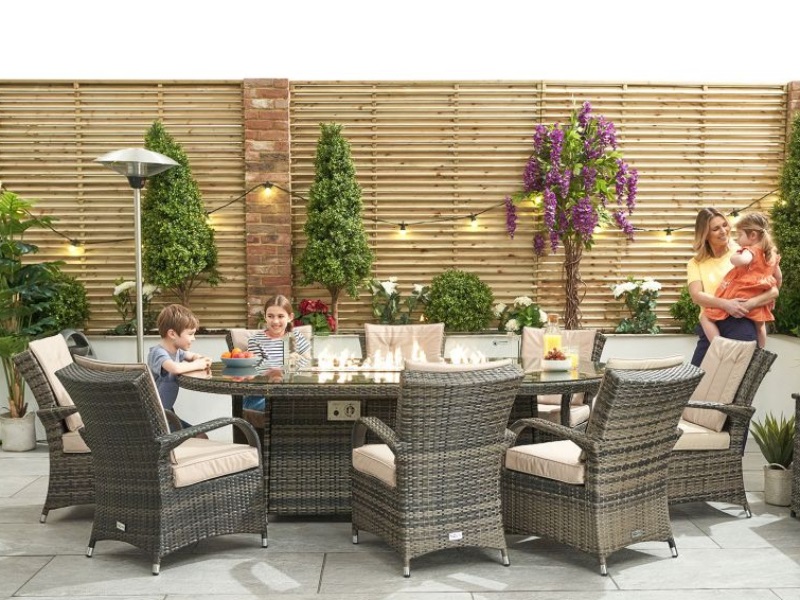 Nova Outdoor Living Olivia 8 Seat with Fire Pit - 2m x 1.2m Oval Table Brown Rattan Dining Set Image 0