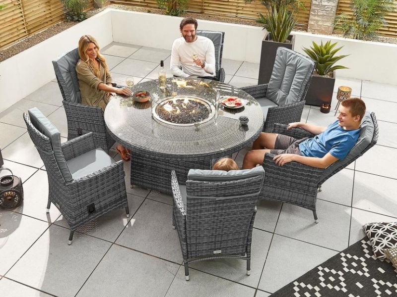 Nova Outdoor Living Ruxley 6 Seat Dining Set With Fire Pit 1 5m Round Table At Gardenman Nova Outdoor Living Ruxley 6 Seat, Outdoor Dining Set With Fire Pit Grey