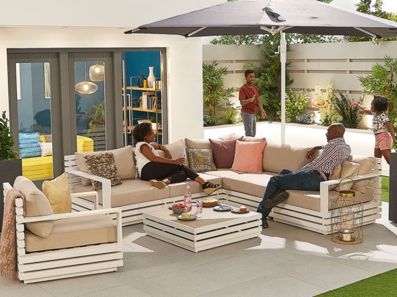 Nova Outdoor Living San Marino Aluminium Corner Sofa Set with Armchair  White with Grey Cushions Corner Sofa set Image0 Image