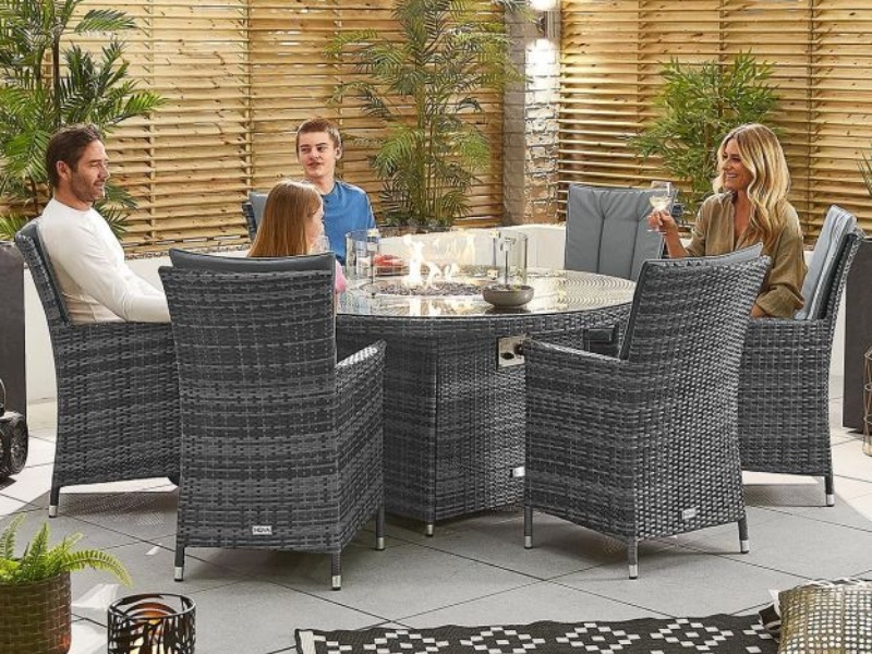 Nova Outdoor Living Sienna 6 Seat Dining Set with Fire Pit - 1.5m Round Table Grey Rattan Dining Set Image0 Image
