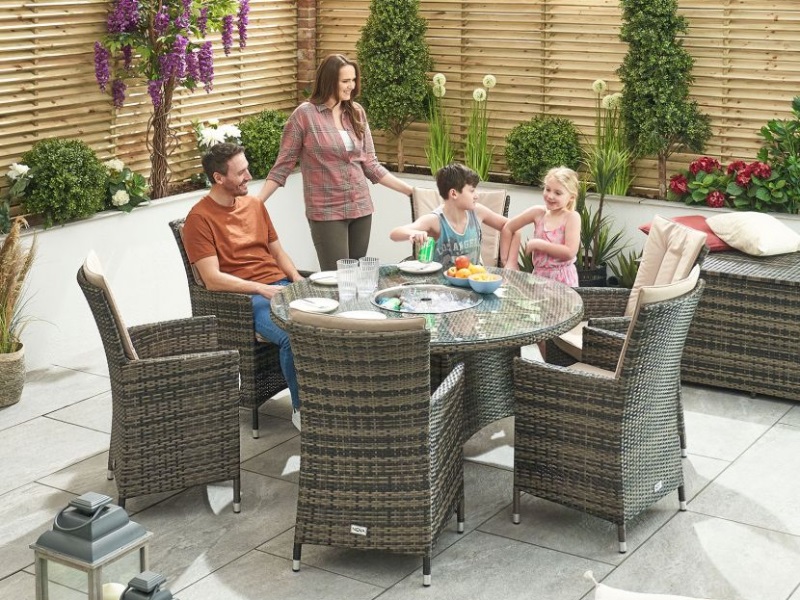 Nova Outdoor Living Sienna 6 Seat with Ice Bucket - 1.35m Round Table Brown Rattan Dining Set Image 0