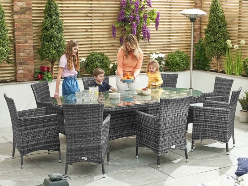 Nova Outdoor Living Sienna 8 Seat Dining Set - 2m x 1.2m Oval Table Grey Rattan Dining Set Image0 Image