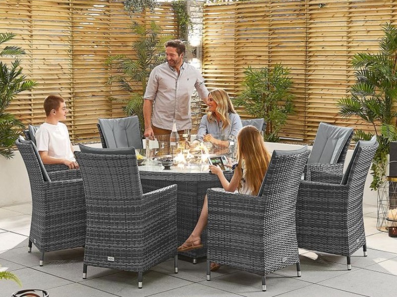Nova Outdoor Living Sienna 8 Seat Dining Set with Fire Pit - 1.8m Round Table Grey Rattan Dining Set Image0 Image