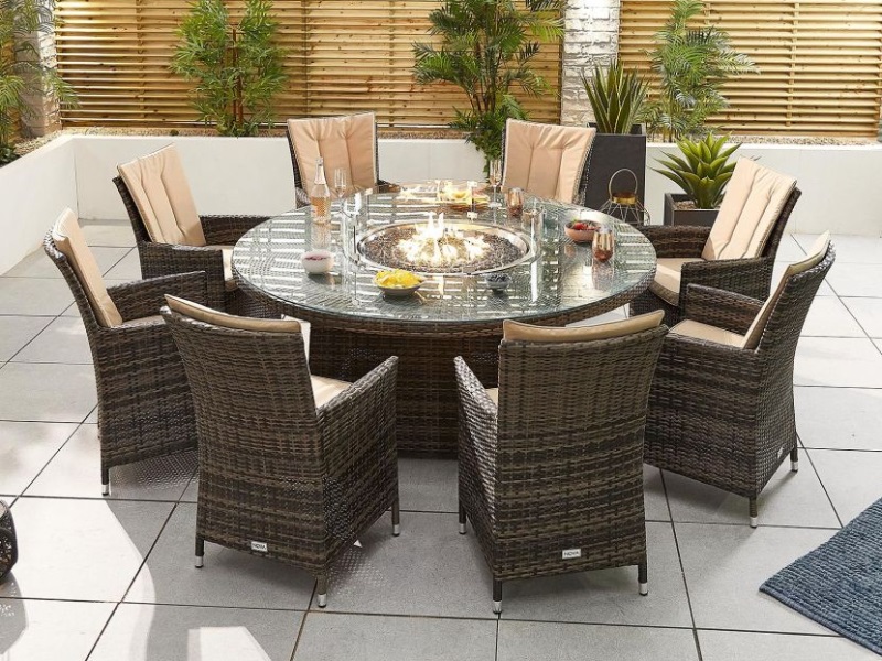 Nova Outdoor Living Sienna 8 Seat Dining Set With Fire Pit 1 8m Round Table At Gardenman - Round Patio Cover Sets