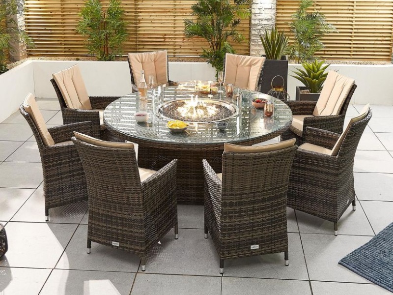 Nova Outdoor Living Sienna 8 Seat Dining Set With Fire Pit 1 8m Round Table At Gardenman Nova Outdoor Living Sienna 8 Seat, Large Round Outdoor Dining Table