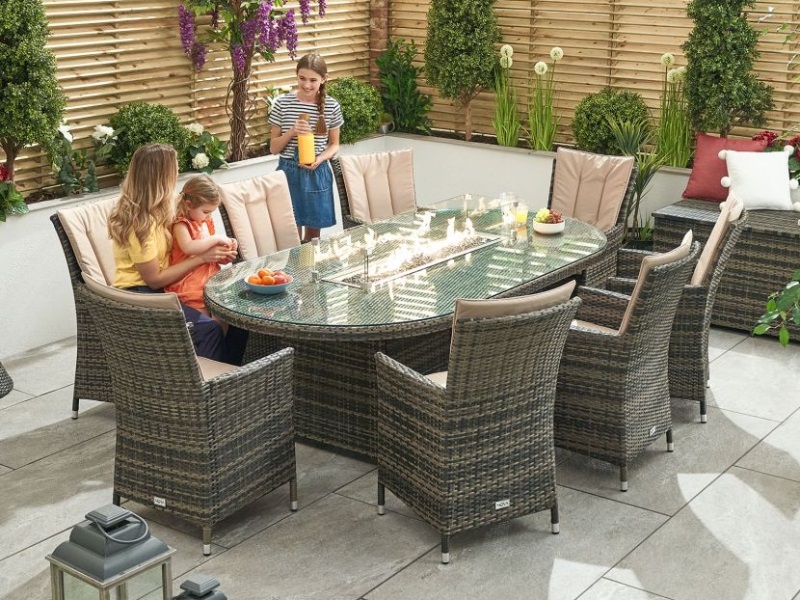 Nova Outdoor Living Sienna 8 Seat with Fire Pit - 2m x 1.2m Oval Table Brown Rattan Dining Set Image 0