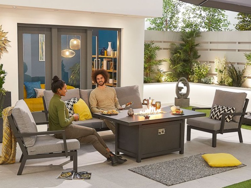 Nova Outdoor Living Vogue 3 Seat Sofa Dining Set with Firepit Table Grey Sofa Set Image 0