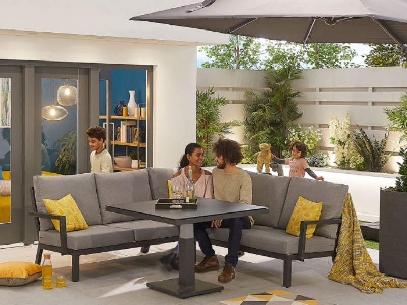 Nova Outdoor Living Vogue Compact Aluminium Corner Dining Sofa Set with Rising Table Grey Corner Sofa set Image 0