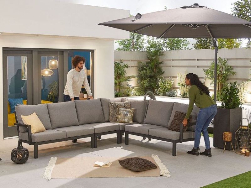Nova Outdoor Living Vogue Corner Dining Set with Firepit Table Grey Corner Sofa set Image0 Image