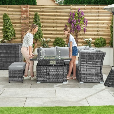 Compact Cambridge Rattan Corner Dining Set with Rising Firepit & Reclining Sides